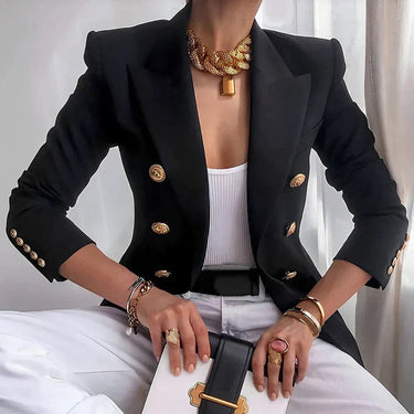 Women's Double-Breasted Black Blazer with Gold Buttons 0