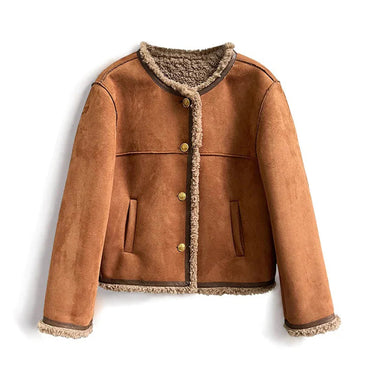 Women’s Faux Shearling Lined Suede Jacket - Short Cozy Buttoned Outerwear 0