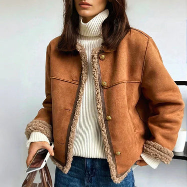 Women’s Faux Shearling Lined Suede Jacket - Short Cozy Buttoned Outerwear 1