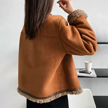 Women’s Faux Shearling Lined Suede Jacket - Short Cozy Buttoned Outerwear 2