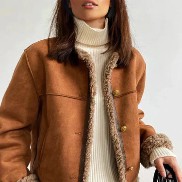 Women’s Faux Shearling Lined Suede Jacket - Short Cozy Buttoned Outerwear 3