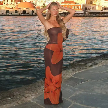 Women's Floral Print Backless Strapless Long Dress Summer Party Holiday Vacation Beach Streetwear Fashion Sleeveless Long Dress 4