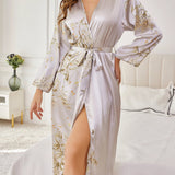 Women's Floral Print Dressing Gown with Belted Waist and Long Sleeves 2