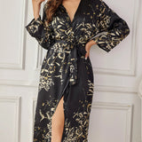 Women's Floral Print Dressing Gown with Belted Waist and Long Sleeves 5