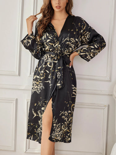 Women's Floral Print Dressing Gown with Belted Waist and Long Sleeves 5