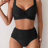 Women's High-Waist Bikini Set with Wide Strap Top and Ruched Bottoms 0