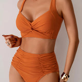 Women's High-Waist Bikini Set with Wide Strap Top and Ruched Bottoms 1