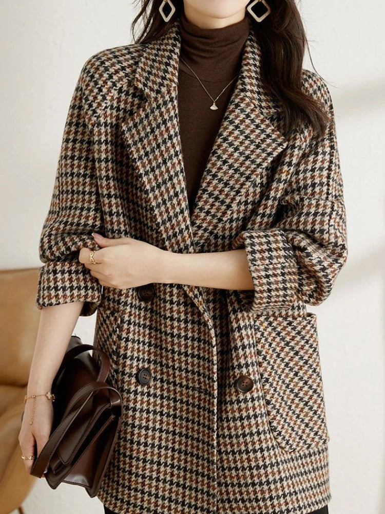 Houndstooth Long Blazer Jacket – Oversized Check Coat – Zoe Sydney