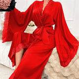 Women's Long Lace Kimono Dressing Gown with Belted Waist and Wide Sleeves 0