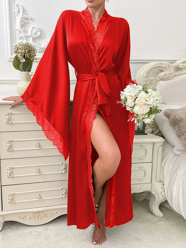 Women's Long Lace Kimono Dressing Gown with Belted Waist and Wide Sleeves 1