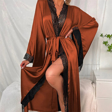 Women's Long Lace Kimono Dressing Gown with Belted Waist and Wide Sleeves 11