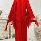 Women's Long Lace Kimono Dressing Gown with Belted Waist and Wide Sleeves 2