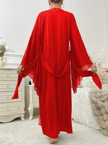 Women's Long Lace Kimono Dressing Gown with Belted Waist and Wide Sleeves 2