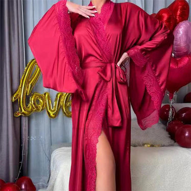 Women's Long Lace Kimono Dressing Gown with Belted Waist and Wide Sleeves 8