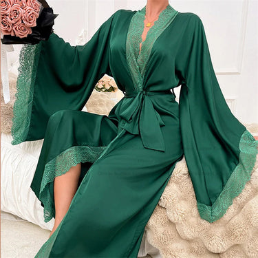 Women's Long Lace Kimono Dressing Gown with Belted Waist and Wide Sleeves 9