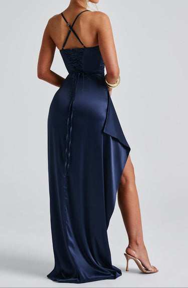 Women’s Navy Blue Evening Maxi Dress – Spaghetti Strap, High Slit, Ruched Waist 1