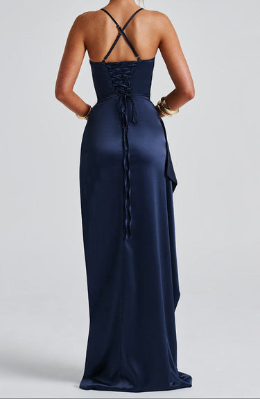 Women’s Navy Blue Evening Maxi Dress – Spaghetti Strap, High Slit, Ruched Waist 3