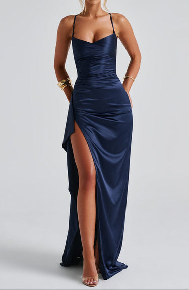 Women’s Navy Blue Evening Maxi Dress – Spaghetti Strap, High Slit, Ruched Waist 4