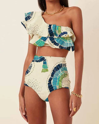 Women's One-Shoulder High-Waist Bikini Set with Embellished Detail 0