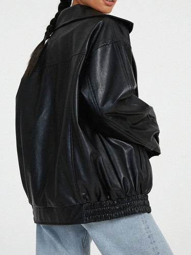 Women's Oversized Leather Bomber Jacket with Zipper Front 0