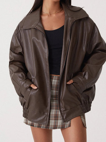 Women's Oversized Leather Bomber Jacket with Zipper Front 6