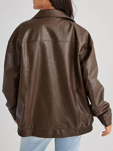 Women's Oversized Leather Bomber Jacket with Zipper Front 7