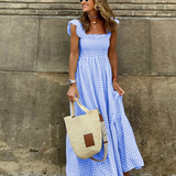 Women's Smocked Gingham Maxi Dress with Ruffle Sleeves 4