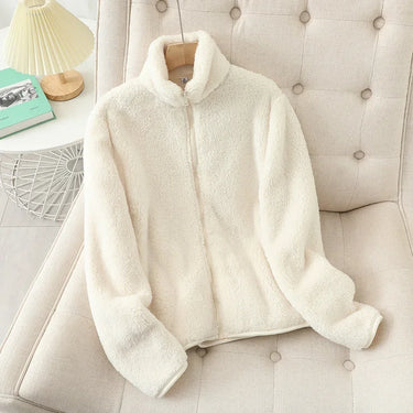 Women's Solid Color Fleece Coat Autumn Winter Warm Zipper Hoodie Loose Stand Collar Jacket Fashion Casual Elegant Ladies Clothes 1