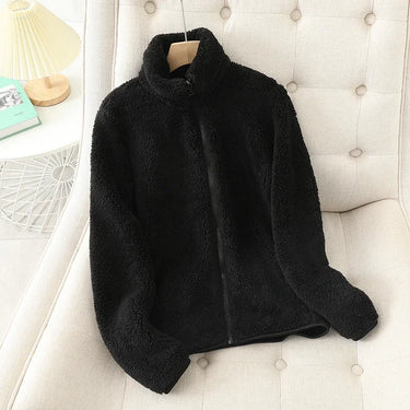 Women's Solid Color Fleece Coat Autumn Winter Warm Zipper Hoodie Loose Stand Collar Jacket Fashion Casual Elegant Ladies Clothes 5