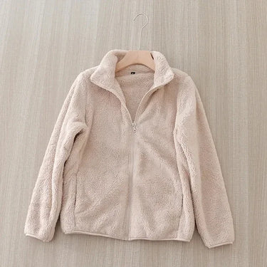 Women's Solid Color Fleece Coat Autumn Winter Warm Zipper Hoodie Loose Stand Collar Jacket Fashion Casual Elegant Ladies Clothes 9