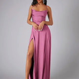 Women's Spaghetti Strap Evening Maxi Dress with High Slit 3