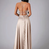 Women's Spaghetti Strap Evening Maxi Dress with High Slit 4