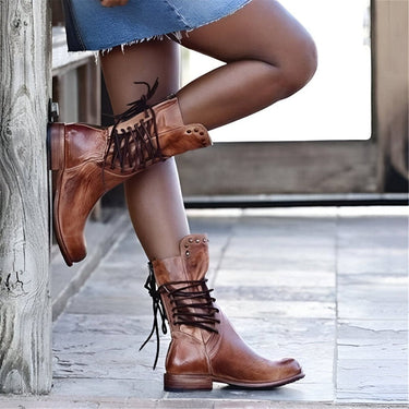 Women’s Studded Lace-Up Mid-Calf Boots with Low Heel and Vintage Finish 1