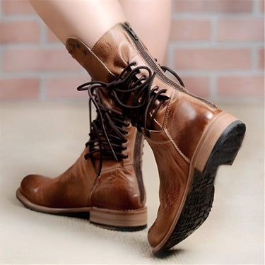 Women’s Studded Lace-Up Mid-Calf Boots with Low Heel and Vintage Finish 2