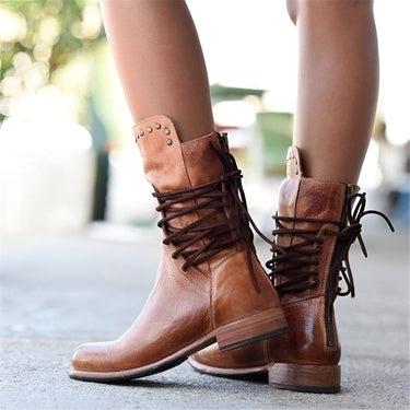 Women’s Studded Lace-Up Mid-Calf Boots with Low Heel and Vintage Finish 3