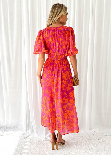 Women's Summer Floral Midi Dress with Puff Sleeves and V-neck 2