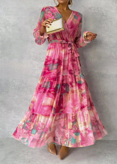 Women's Summer Floral Wrap Dress with Belt and Long Sleeves 1