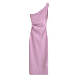 Women's asymmetrical stretch dress oblique collar sleeveless suspenders backless midi dress summer new fashion long dress 6