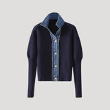 Women’s navy knit cardigan with denim trim 0
