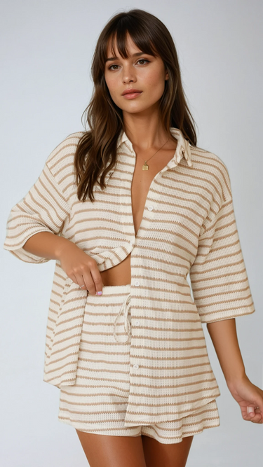 Beige Striped Knit Shirt & Shorts Set