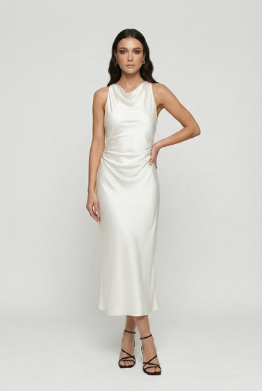 Bias Cut Cowl Neck Satin Midi Dress