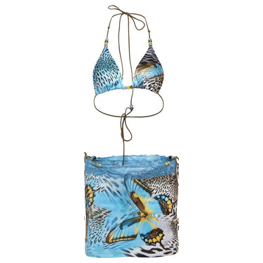 Bikini Set Adjustable Beaded Triangle Tie-Side Blue Leopard Butterfly Print - Image 3