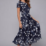 Crew Neck Short Sleeve Floral Chiffon Flowy Midi Summer Dress