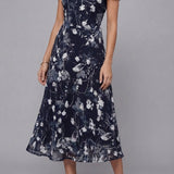 Crew Neck Short Sleeve Floral Chiffon Flowy Midi Summer Dress