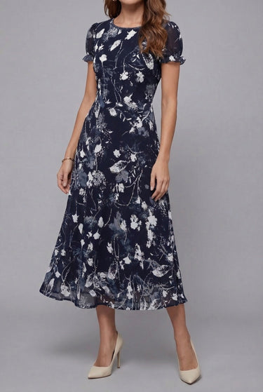 Crew Neck Short Sleeve Floral Chiffon Flowy Midi Summer Dress