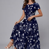 Crew Neck Short Sleeve Floral Chiffon Flowy Midi Summer Dress