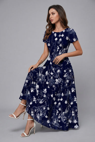 Crew Neck Short Sleeve Floral Chiffon Flowy Midi Summer Dress