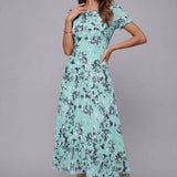 Crew Neck Short Sleeve Floral Chiffon Flowy Midi Summer Dress