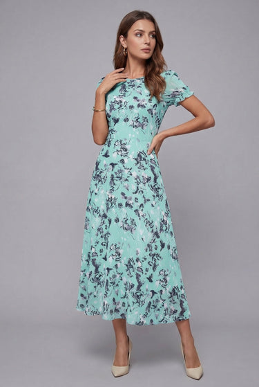 Crew Neck Short Sleeve Floral Chiffon Flowy Midi Summer Dress