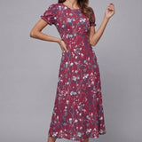 Crew Neck Short Sleeve Floral Chiffon Flowy Midi Summer Dress